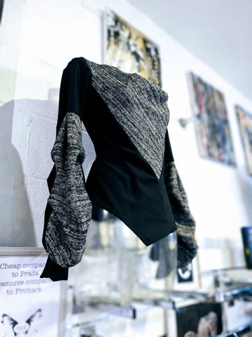 Puzzle sleeved jersey and knit cowl-neck top ( Available to order)