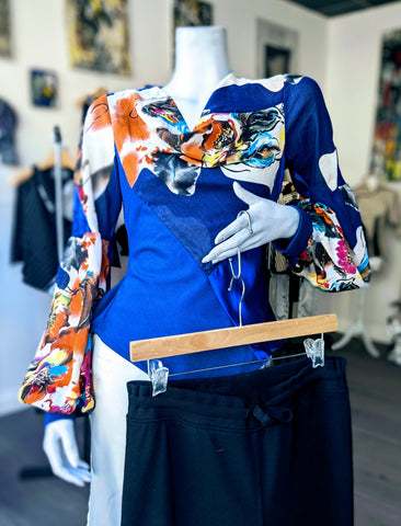 Jersey and printed voile balloon sleeve cowl neck.