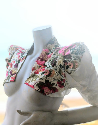 Embroidered raw silk and eyelet cotton bolero